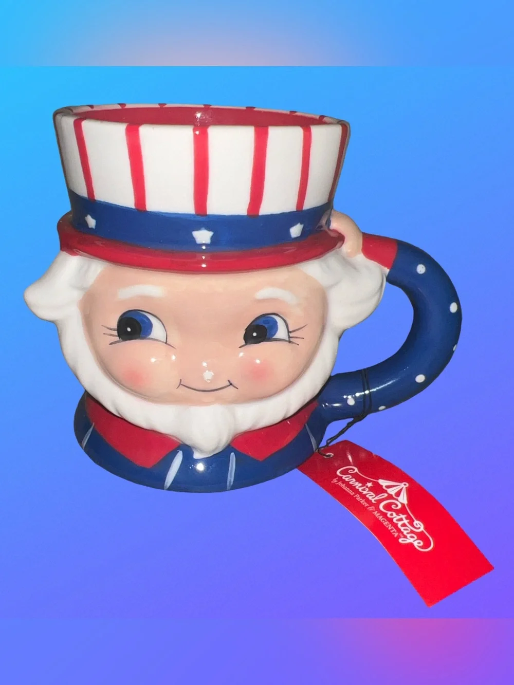 JOHANNA PARKER PATRIOTIC UNCLE SAM COFFEE MUG USA 4TH OF JULY STARS & STRIPES